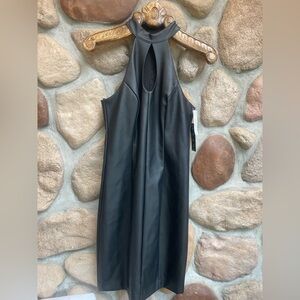 NWT POSH COUTURE Holiday Dress! VEGAN Black LEATHER HALTER Dress! S/M